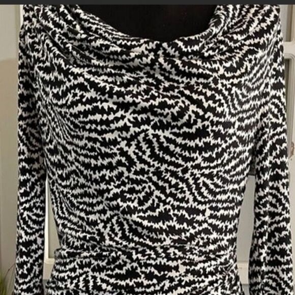 Tory Burch Black Print 100% Silk Cowl Neck Ruching Drape Stretch Bodycon Dress S - Picture 3 of 8